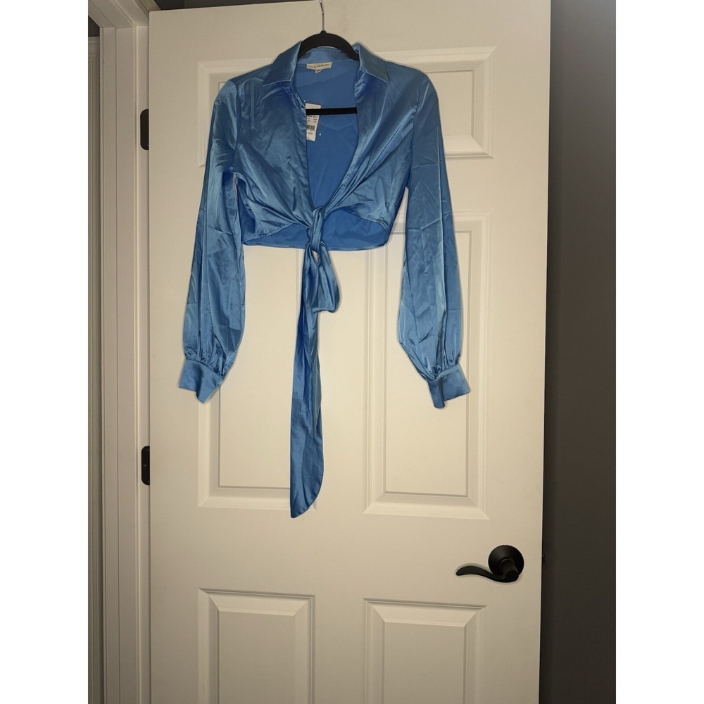 La Hearts Long Sleeve Tie Front Crop Top Small Satin Blue Nwt